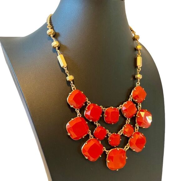 Stella & Dot Orange & Matte Gold 3 Tiered Bib Statement Necklace. - Picture 3 of 6